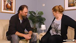 Chubby German woman sucked dick in a public place and got fucked in her living room