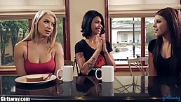 Girls have gathered for a coffee and enjoyed making love with each other, all day long