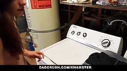 Petite girl was sucking her step- father's dick in the kitchen and got fucked from the back