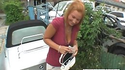 Busty girl is sucking a rock hard dick in a public place and enjoying it a lot
