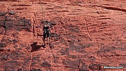Slim blonde woman is sucking dick in the mountains and getting fucked from the back