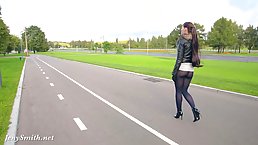 Adorable brunette, Jeny Smith went out in sheer tights, because it excites her a lot