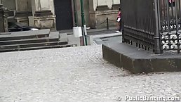 Crazy babe and her two friends are having a nice threesome, while in a public place