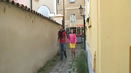 Vulgar brunette is rubbing her soft slit, while sucking her boyfriend’s fat, greasy dick, outdoors