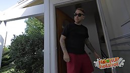 Petite blonde girl, Elizabeth Jolie went to her married neighbor's place to have sex with him