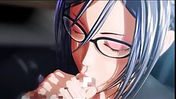 Busty hentai brunette with glasses is sucking a rock hard cock and getting cum all over her face