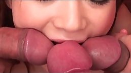 Powerful Japanese lady is riding a hard cock and sucking two big dicks, at the same time
