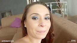 Hot babe with beautiful eyes is getting fucked while holding her legs lifted very high