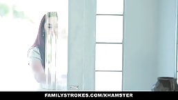 Dark haired chick is about to be late for classes, because she is sucking cock