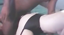 Nasty woman is doing it with three black guys at the same time, in front of her husband