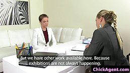 Sexy female agent and a naughty girl are having hot lesbian sex, during a casting