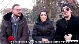 Slutty German babe is fucking with two horny men, in their mini bus, on Valentine's day