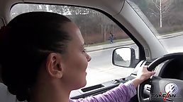 Brunette is fucking her good friend in the back of his car, just for fun