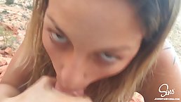 Experienced blonde woman is sucking a rock hard dick like a pro, in the nature