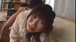 Busty Asian girl, Rin Satomi is sucking her agent’s greasy cock, while he is making a video