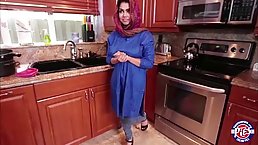 Big tited Arabic teen is sucking dick in the kitchen and getting fucked in the bedroom
