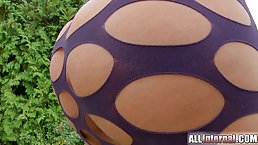 Big tited woman, with red nails is spreading her pink pussy, while a horny guy is watching