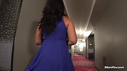 Big titted, tanned milf is sucking her young lover's dick and listening to his moans