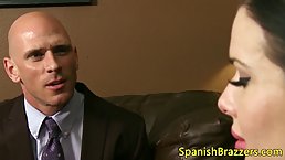 Slutty secretary, in black stockings and her bald boss are playing dirty, on the desk
