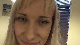 Amateur teen is sitting on the chair and rubbing her nice pussy, in the kitchen