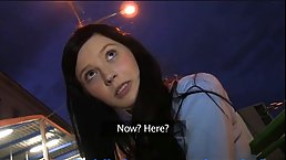 Pretty teen brunette is getting fucked in the middle of the night, in a public place