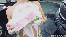 Two amazing girls, in bikinis are having a brutal sex session with a horny, bald guy