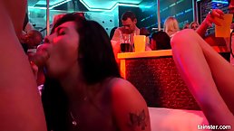 Dirty minded babes are sucking dicks in the night club and getting fucked very hard
