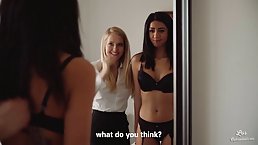 Blonde and brunette are about to have a threesome while their boyfriends are at work
