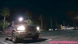 Horny brunette got fucked in the middleof the night, in the back of her car
