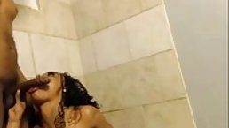 Experienced ebony babe with tattoos is sucking her partner's rock hard dick like a real pornstar