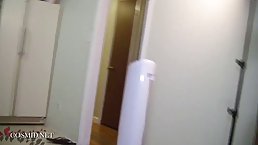 Provocative girl in purple panties is showing her nice tits and butt, while in the kitchen