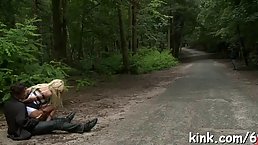 Blindfolded blonde got fucked from the back on the bench and enjoyed it a lot