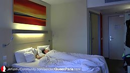 Long haired brunette is giving a great blowjob to her client, in a hotel room