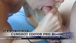 Sassy blonde chick is gently sucking a massive fat cock in front of the camera