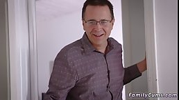 Busty milf in stockings is making love with her step son, while her husband is having a trip