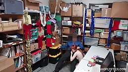 Red haired teen is riding a horny guy’s massive dick, while in a local store