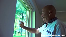 Dark haired babe and her bald neighbor are fucking like animals, every once in a while
