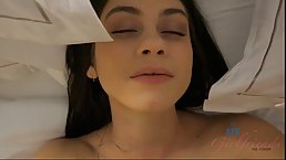  Racy brunette babe, Marina Woods is giving the best footjob ever to her new boyfriend