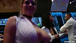 Young excited babes like to have a lot of fun, while in a public place