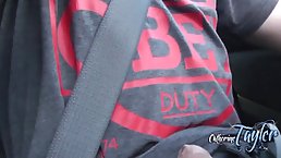 Big titted woman is gently rubbing her soaking wet pussy in the car and enjoying it