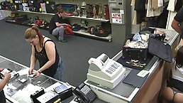 Latin stewardess is sucking a rock hard cock expecting to get a discount in a local shop