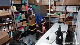 Small titted babe is kneeling on the floor and sucking a rock hard meat stick