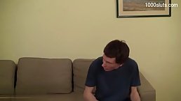 Fresh blonde lady is getting cum all over her lips while having group sex with guys