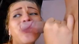 Blue eyed blonde likes to suck dick as deep as possible, until her lover cums