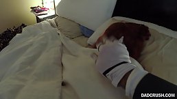 Masked maid is kneeling on the floor and sucking a massive cock, in the bathroom