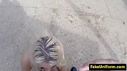 British blonde is sucking a rock hard dick in the back of a huge car