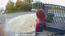 Naughty, red haired babe is sucking dick in a public place, in the middle of the day