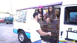 Raven Wylde and Bethany Benz are fucking like wild animals in the back of a huge van
