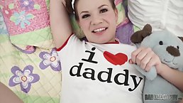 Teen brunette is sucking her step- father's dick and getting it deep inside her pussy