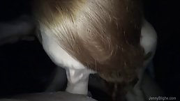 Dirty minded girl is giving a nice blowjob to her boyfriend, while in a dark room